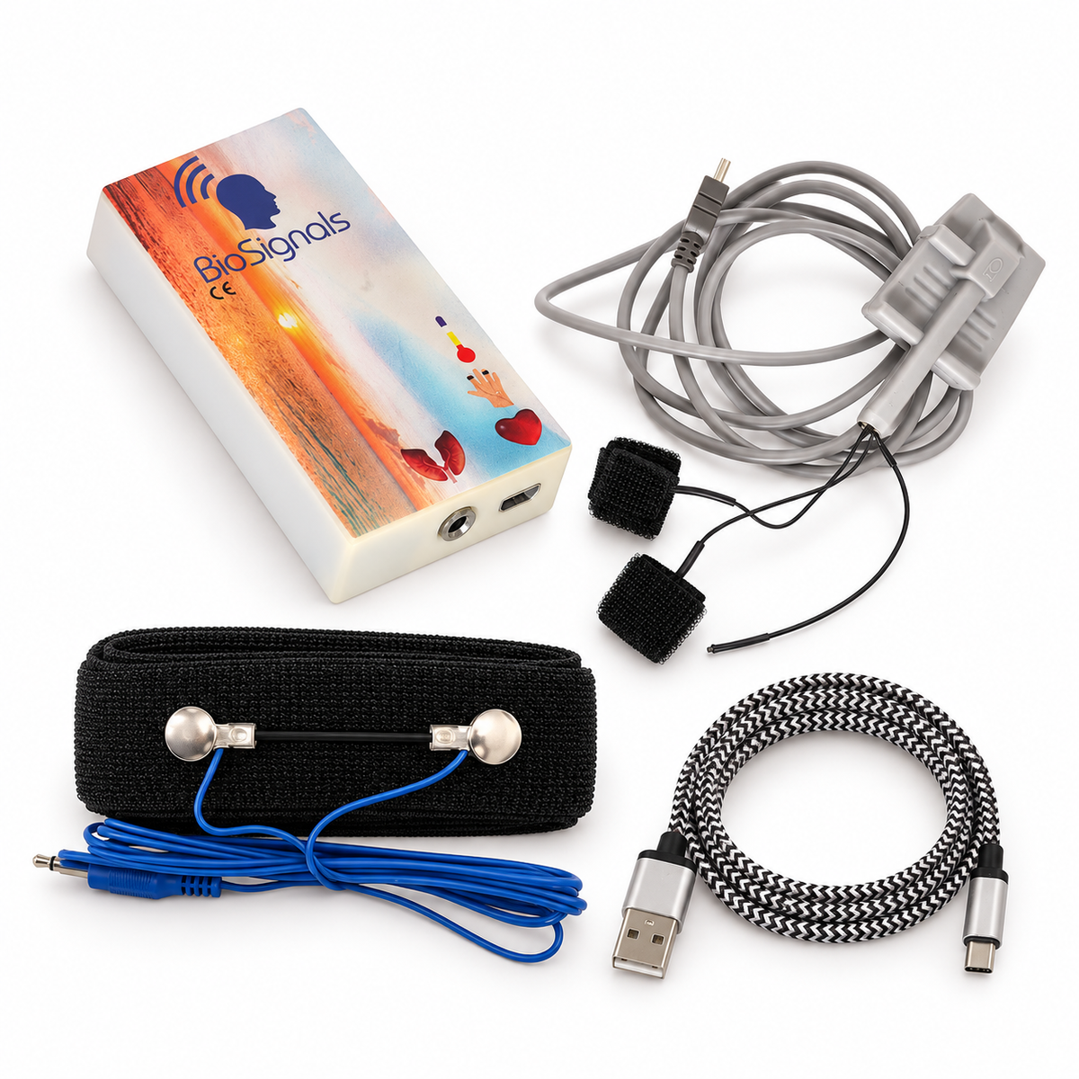 Dispositivo de biorretroalimentación profesional con 5 sensores y conectividad Bluetooth para uso clínico y doméstico.