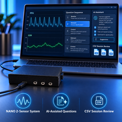 גרסת פוליגרף NANO עם 2 חיישנים עם USB או BLE להקלטה באייפון ואנדרואיד. עם שילוב AI, תוצרת מומחים