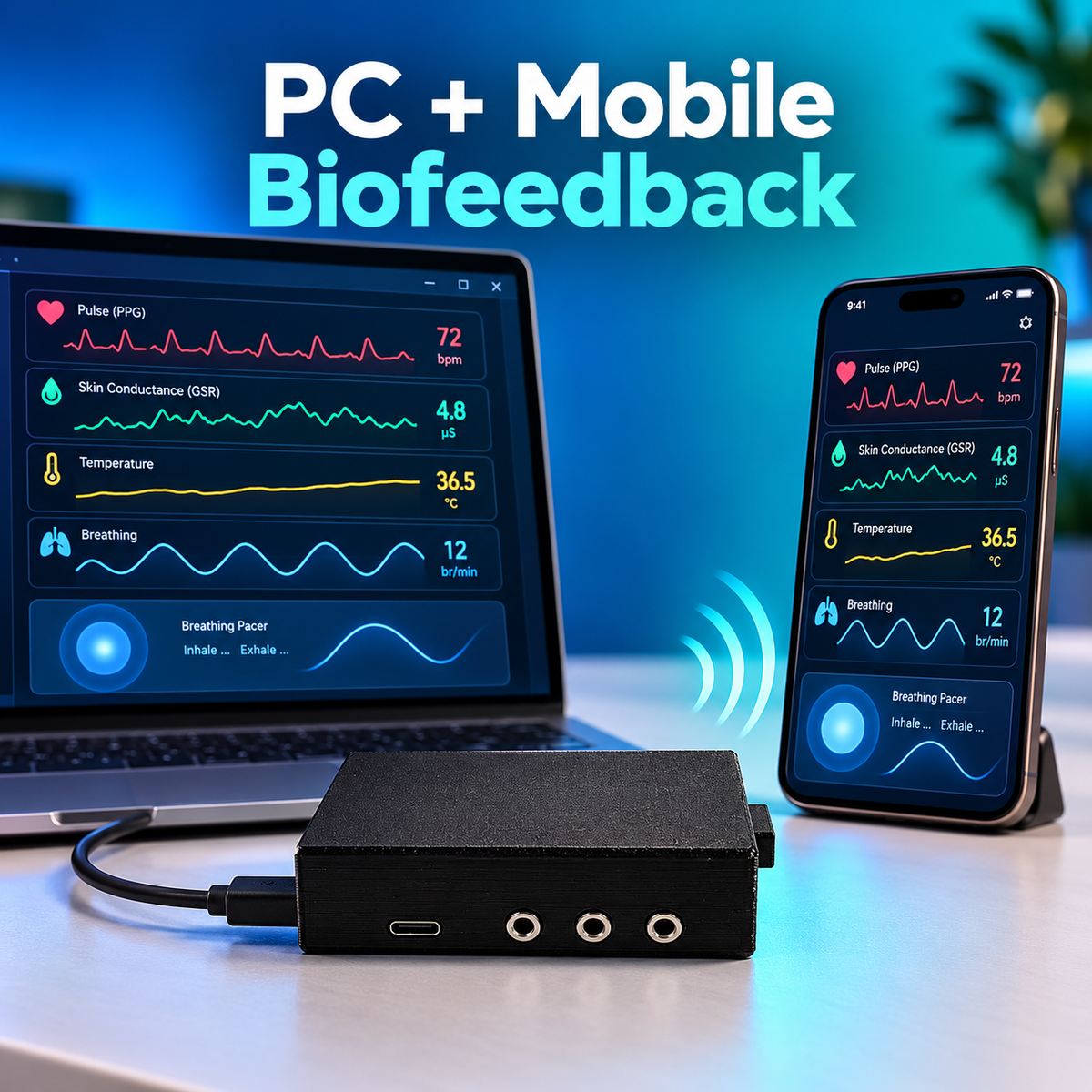 BioSignals 4-Sensor Wireless Biofeedback Kit for PC & Mobile