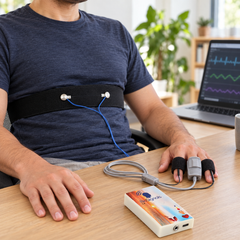 Dispositivo de biorretroalimentación profesional con 5 sensores y conectividad Bluetooth para uso clínico y doméstico.