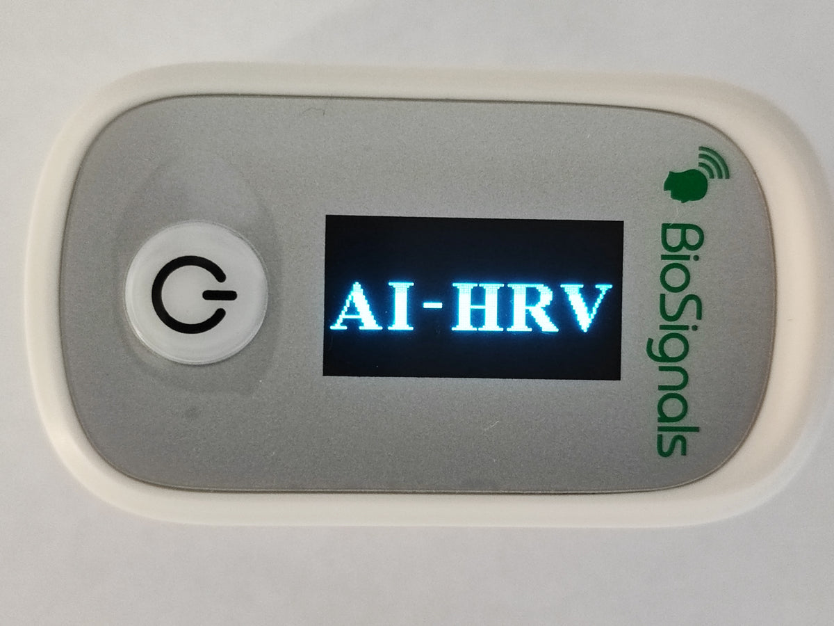 BioSignals AI-HRV smart finger sensor for clinic or home using by PC, Android and iPhone.
